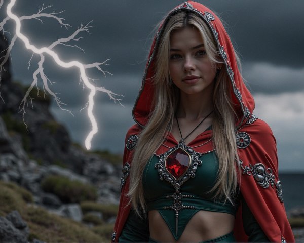 Figure in Red Cloak Against Stormy Rocky Landscape