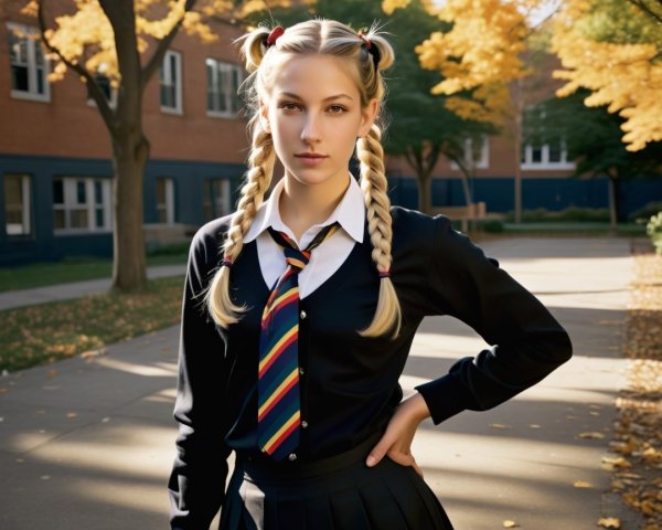 Young Woman in School Uniform on Autumn Day