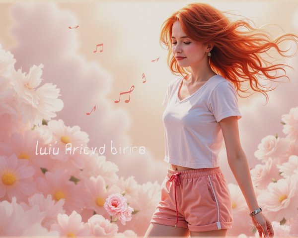 Young Woman in Pastel Floral Setting with Musical Notes