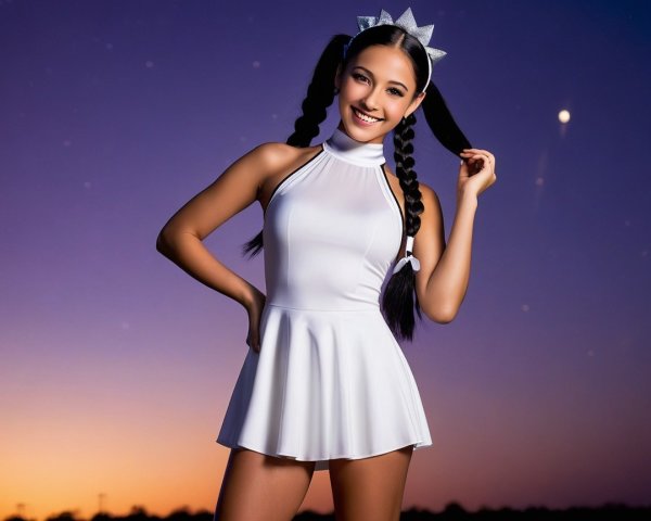 Young woman in white dress with twilight sky backdrop