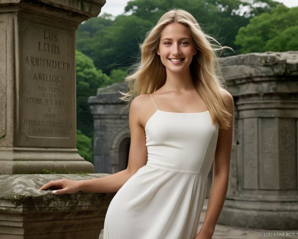 Young woman in flowy dress against stone structures