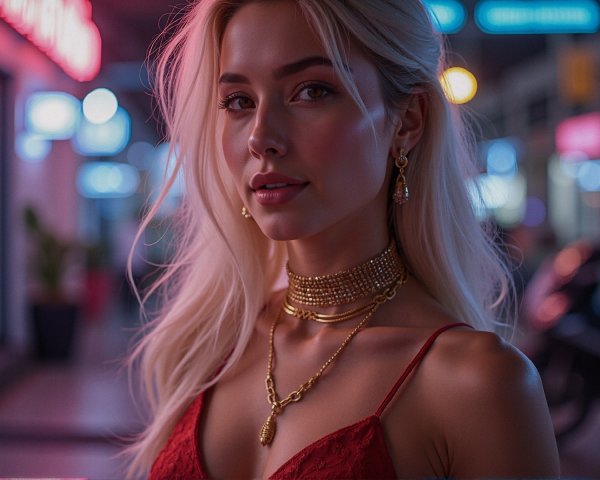 Woman with Blonde Hair in Neon Urban Night Scene