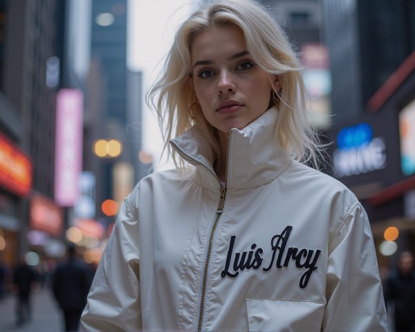 Young Woman in White Jacket Against Urban Backdrop