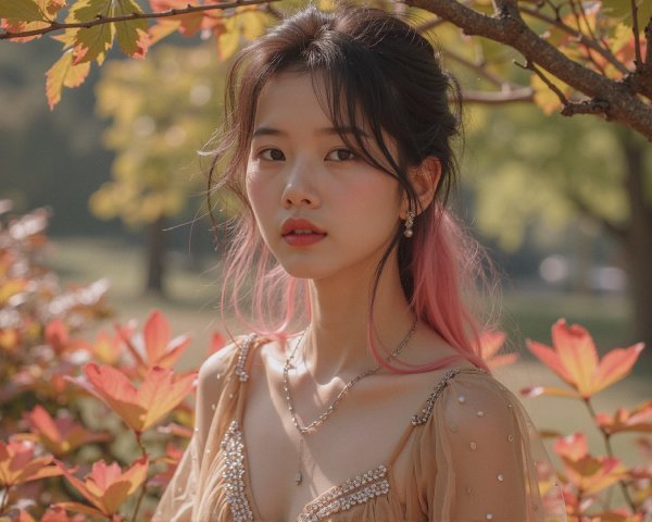 Young woman in beige dress among autumn foliage