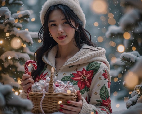Young Woman in Floral Jacket in Winter Wonderland Scene