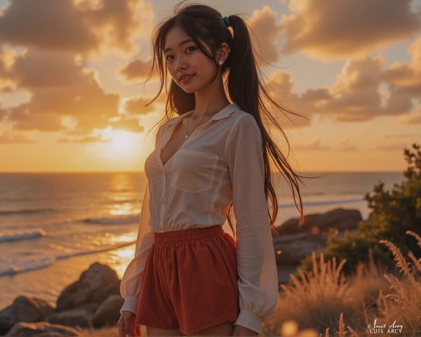 Young Woman at Beach Sunset with Ocean Waves