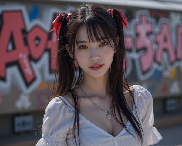 Young woman in cheerful attire against graffiti backdrop