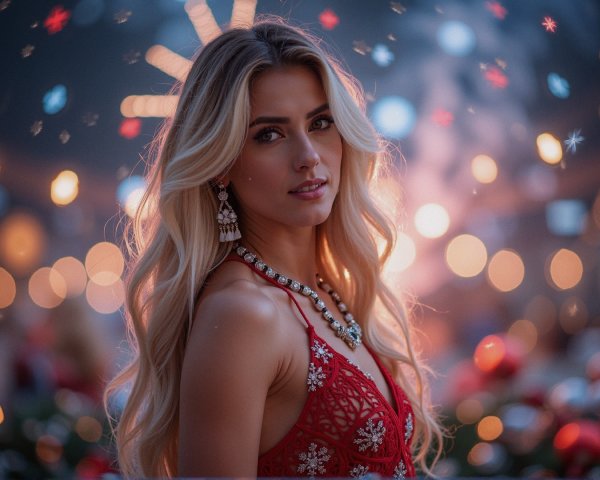 Woman in Red Dress with Festive Lights Background