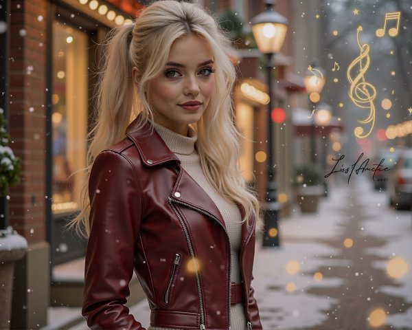 Young woman in burgundy jacket in snowy urban scene