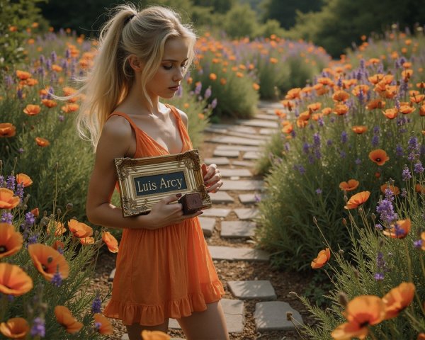 Young Woman in Flower Field with Orange Poppies