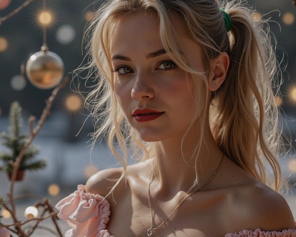 Young woman in pink top with glowing festive backdrop