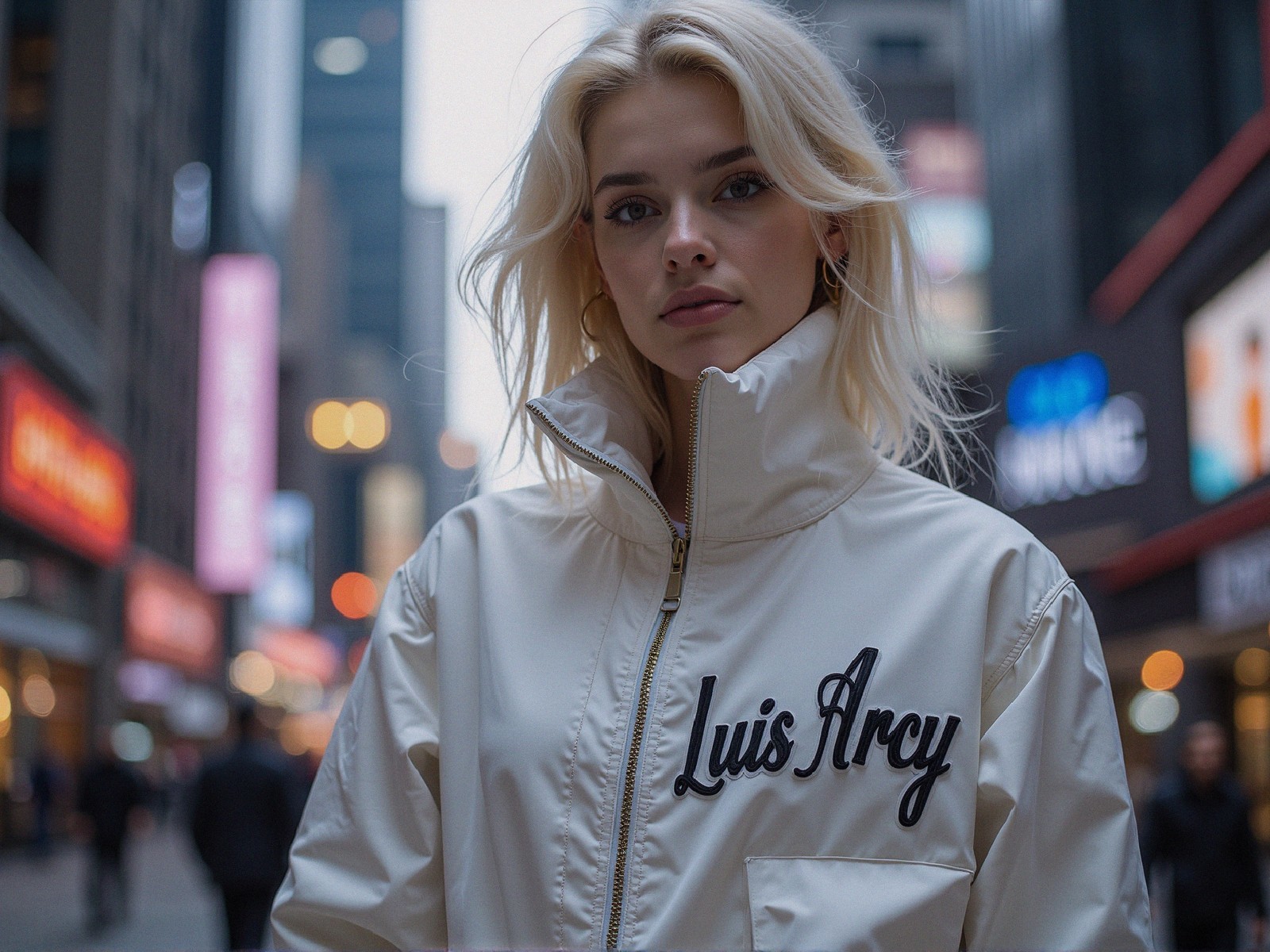 Young Woman in White Jacket Against Urban Backdrop