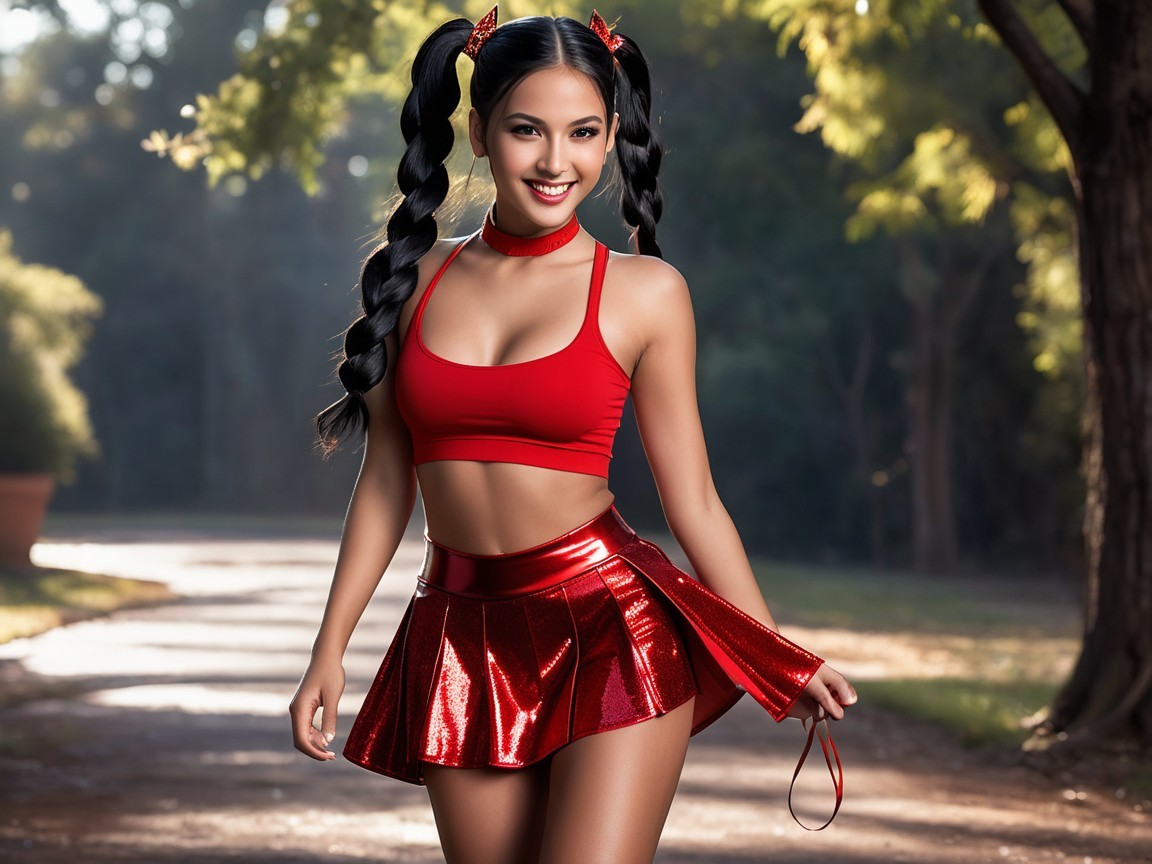 Young Woman in Playful Red Outfit in Park Setting
