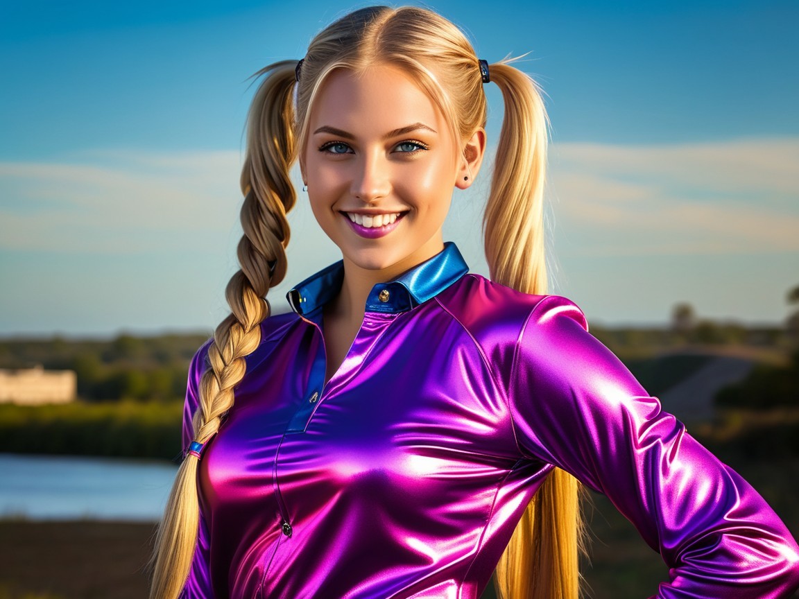 Young woman in purple top with outdoor backdrop