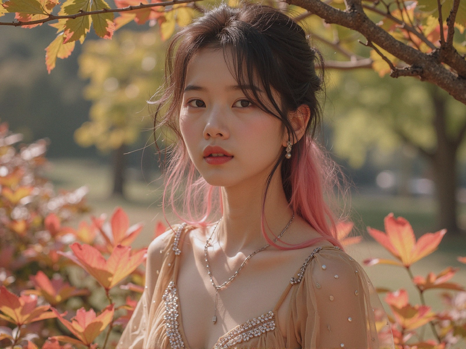 Young woman in beige dress among autumn foliage