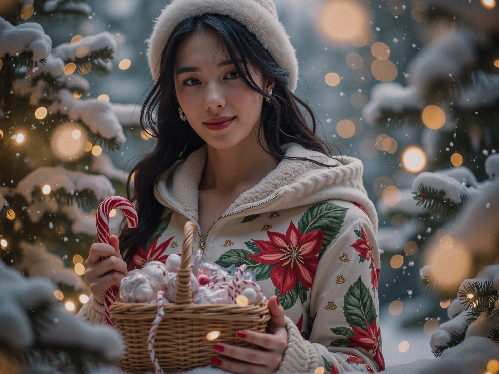 Young Woman in Floral Jacket in Winter Wonderland Scene