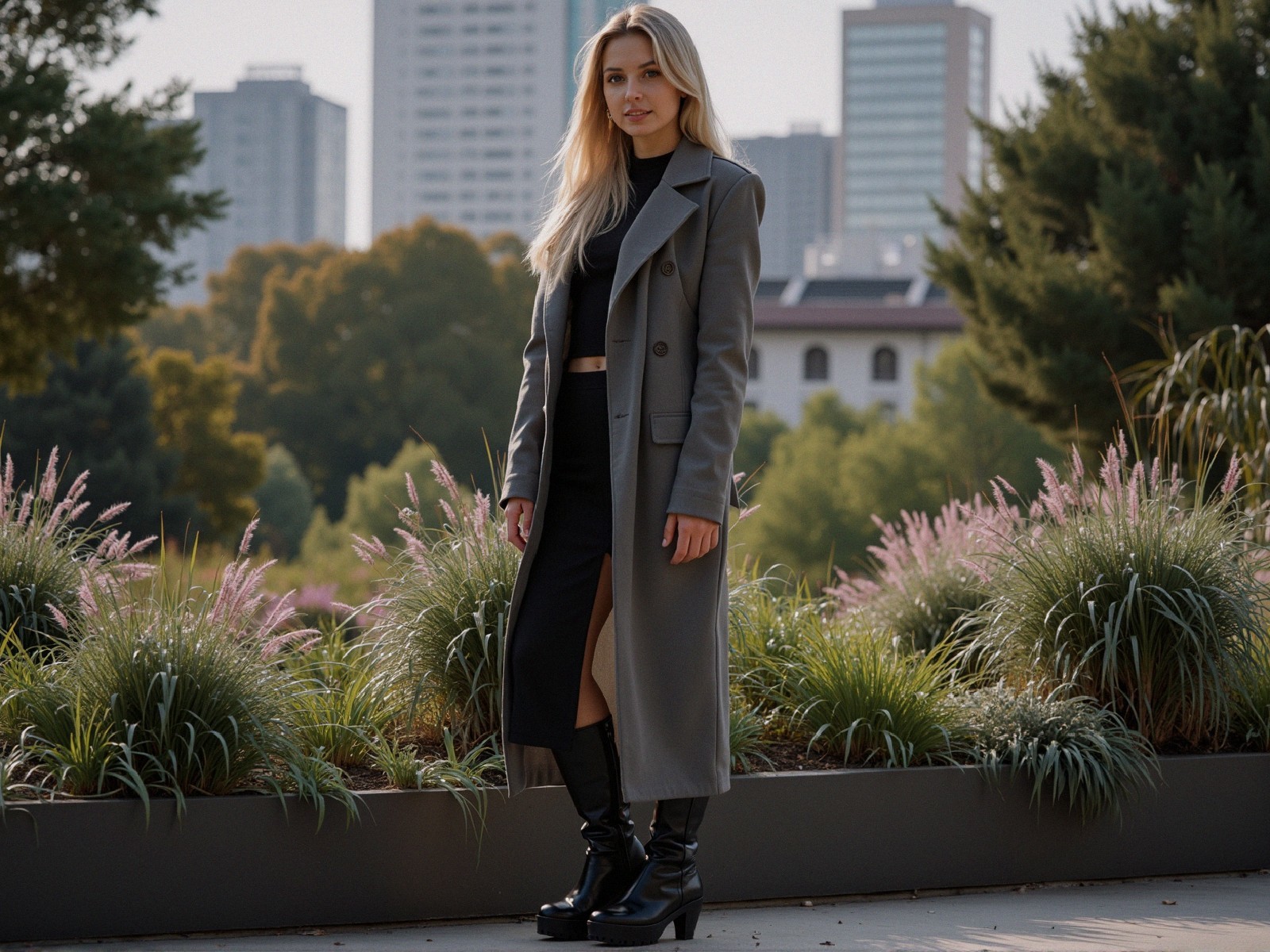 Young Woman in Gray Coat and Black Skirt Outdoors