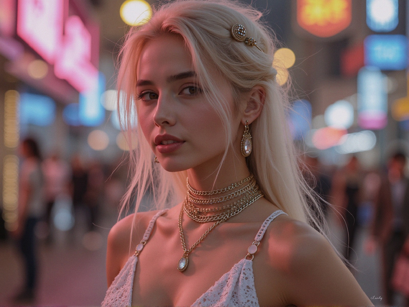 Young woman in neon-lit urban setting with jewelry