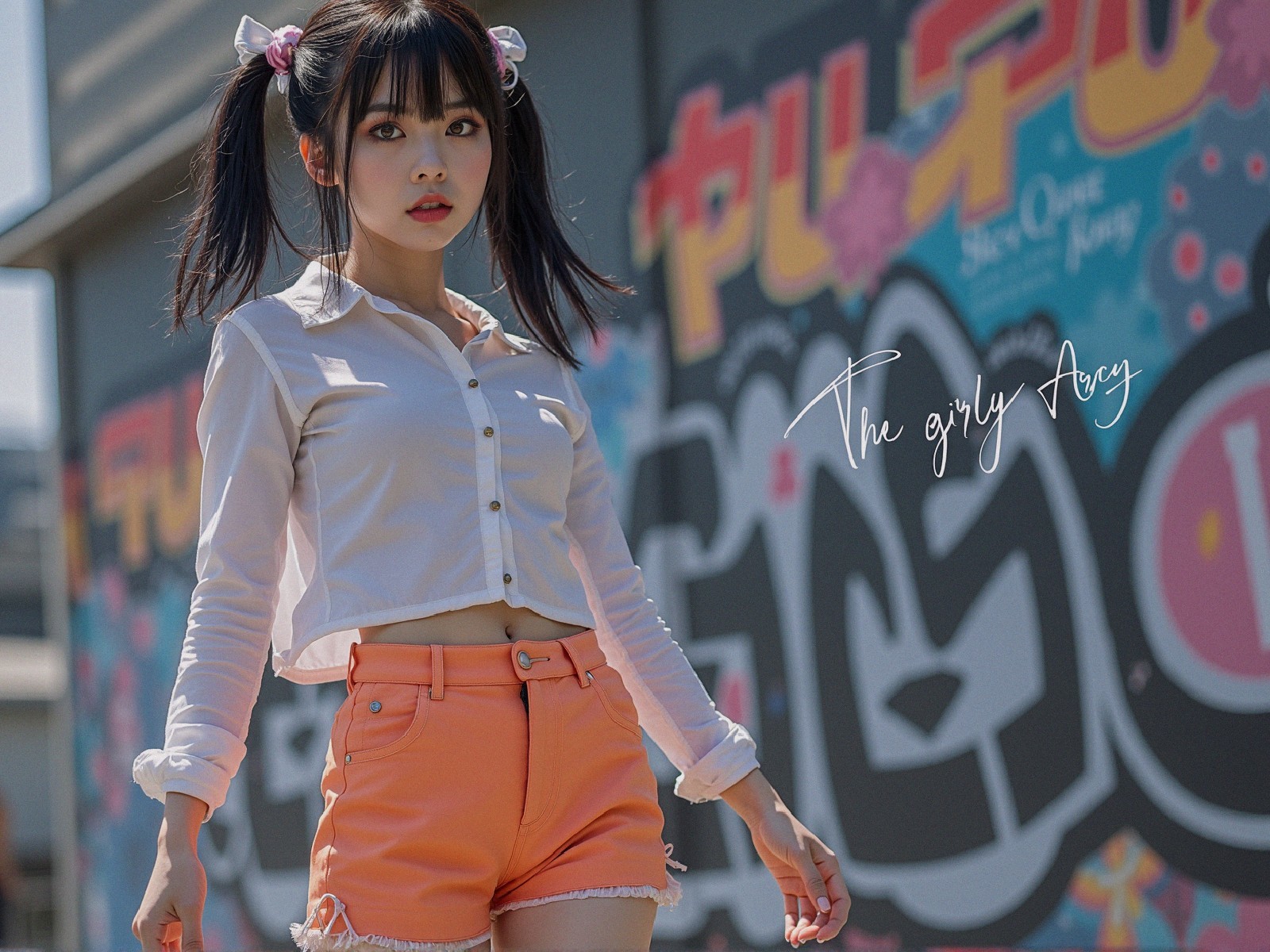 Young woman in urban setting with graffiti backdrop