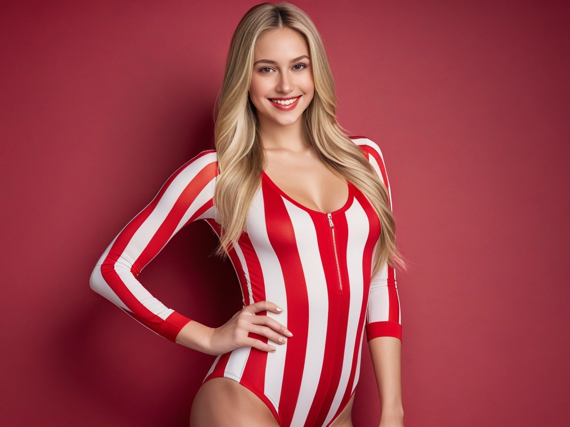 Young woman in striped swimsuit against red backdrop