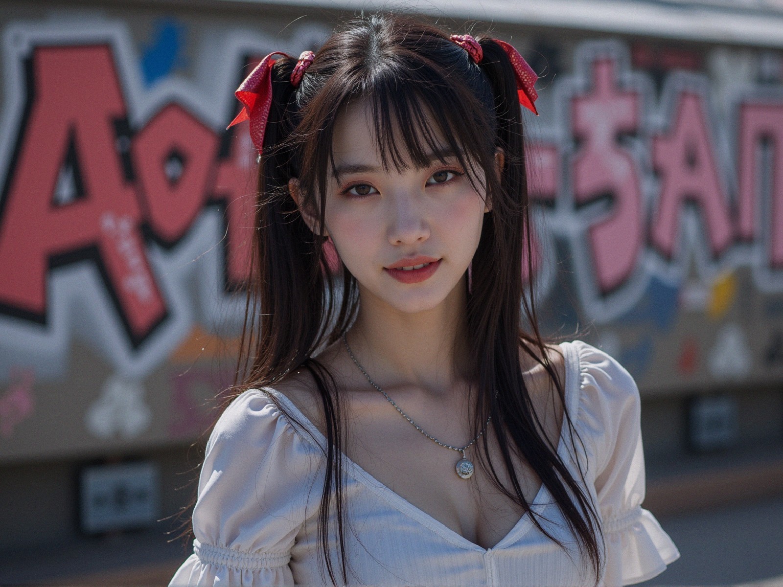 Young woman in cheerful attire against graffiti backdrop
