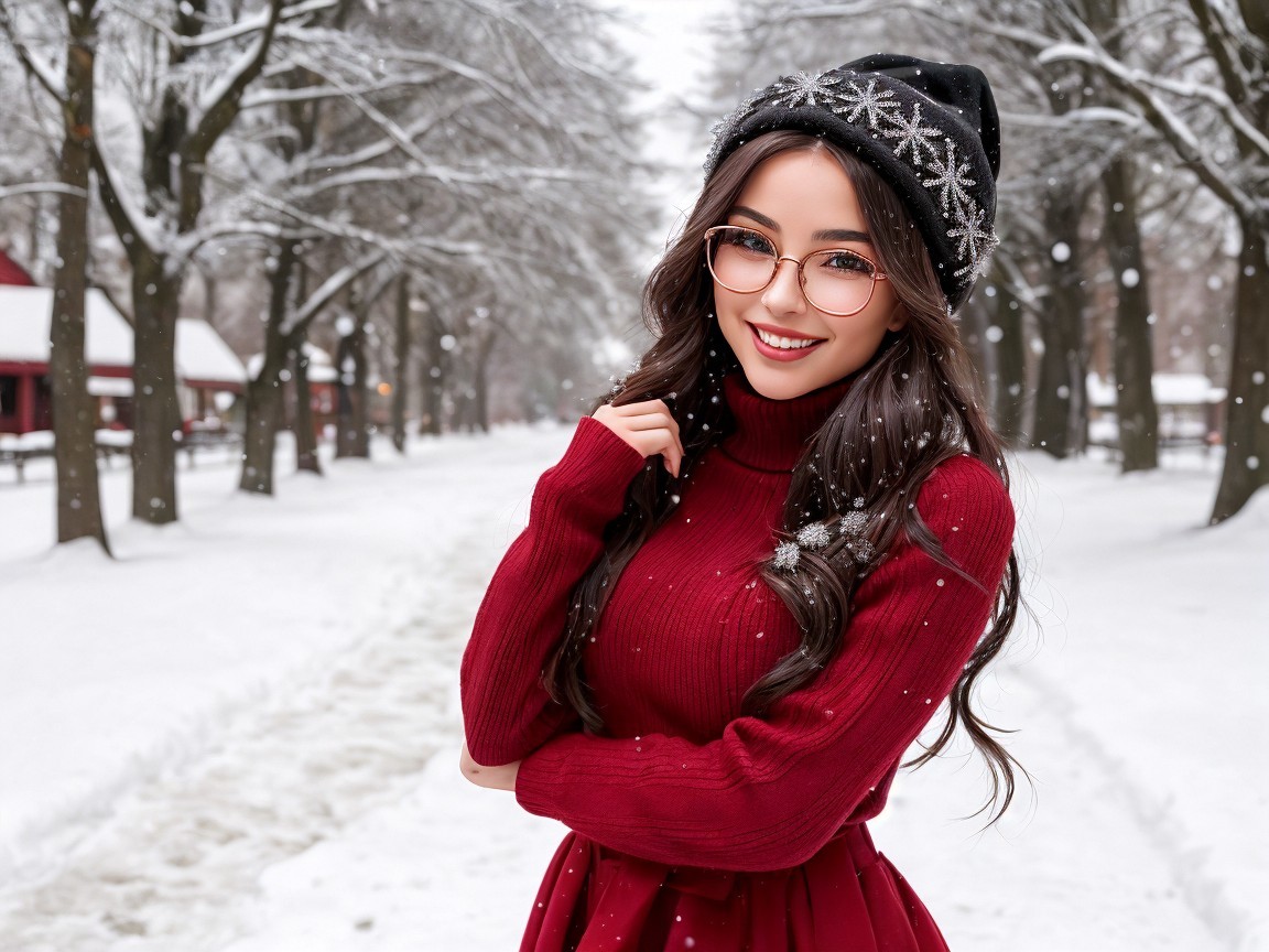 Young woman in snowy park with cozy red sweater