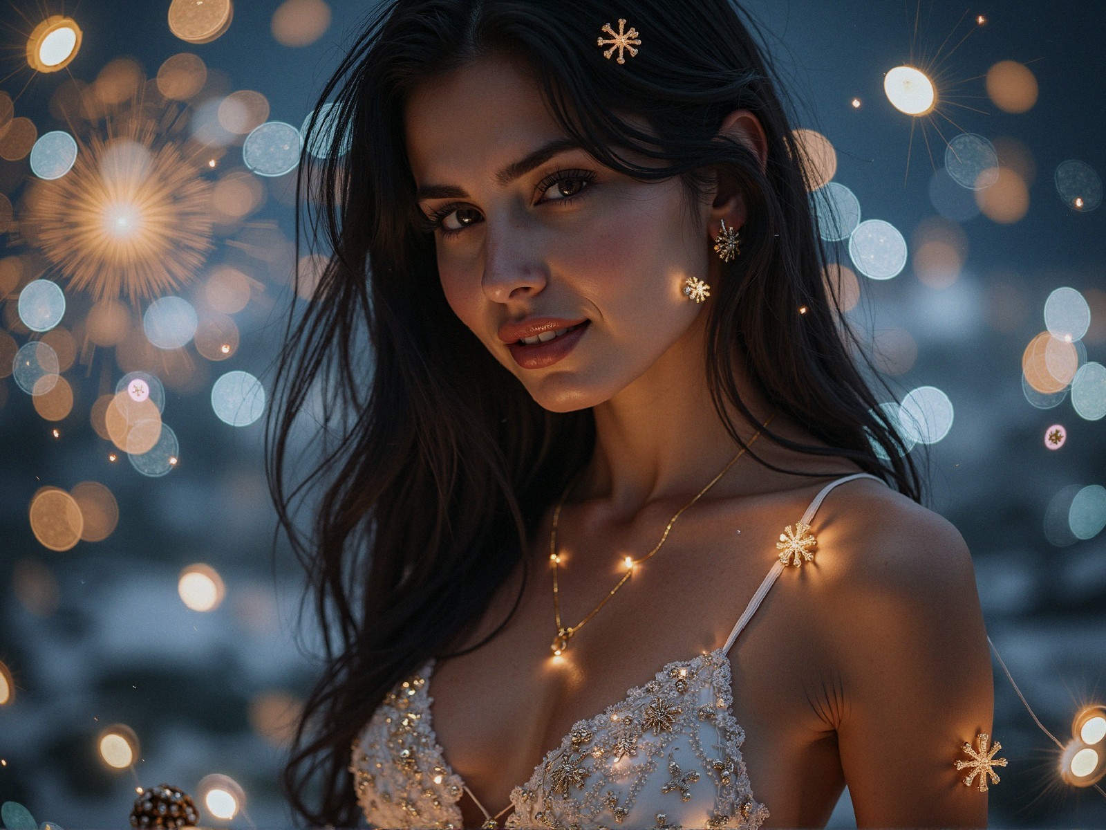 Young Woman in Sparkly Dress with Dreamy Background