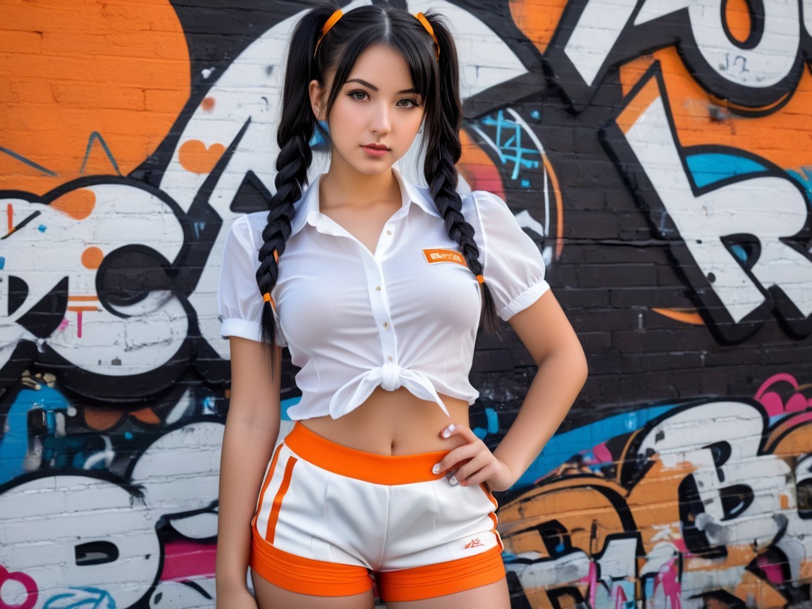 Young woman in sporty attire with graffiti backdrop