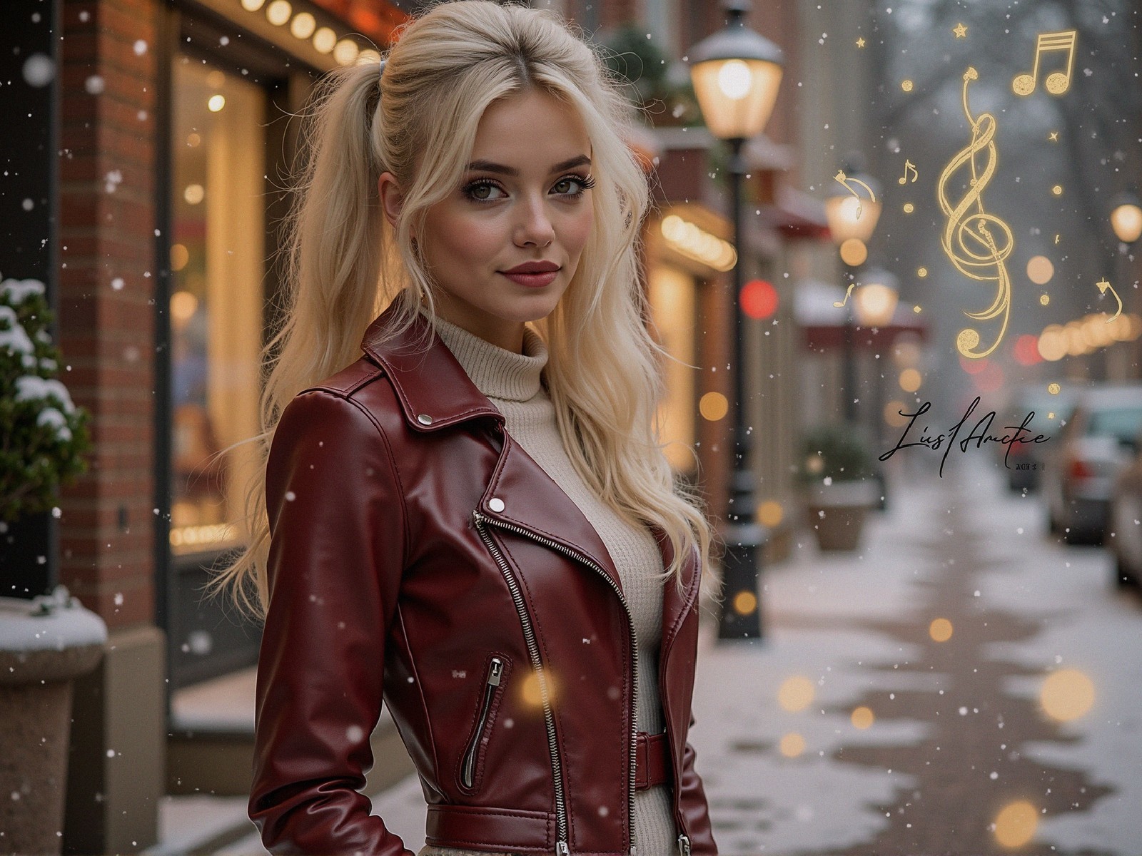 Young woman in burgundy jacket in snowy urban scene