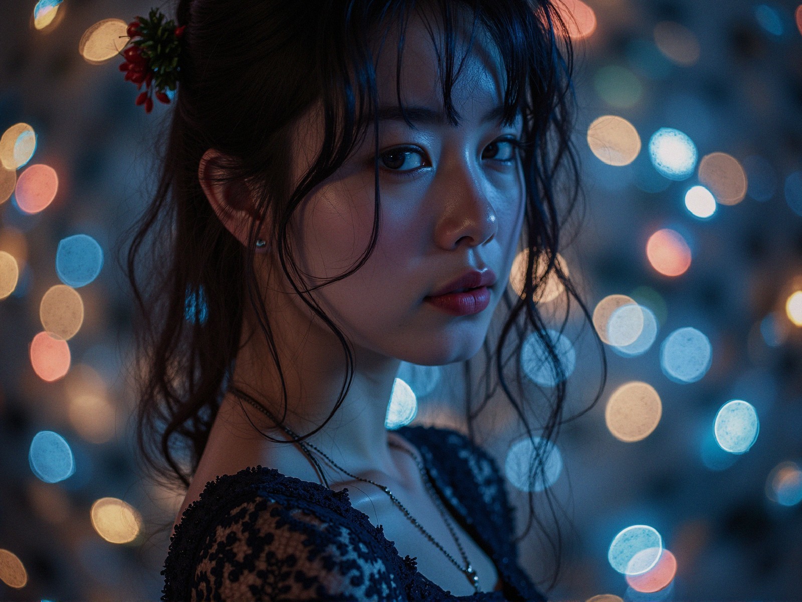 Young woman with floral accents and dreamy bokeh background