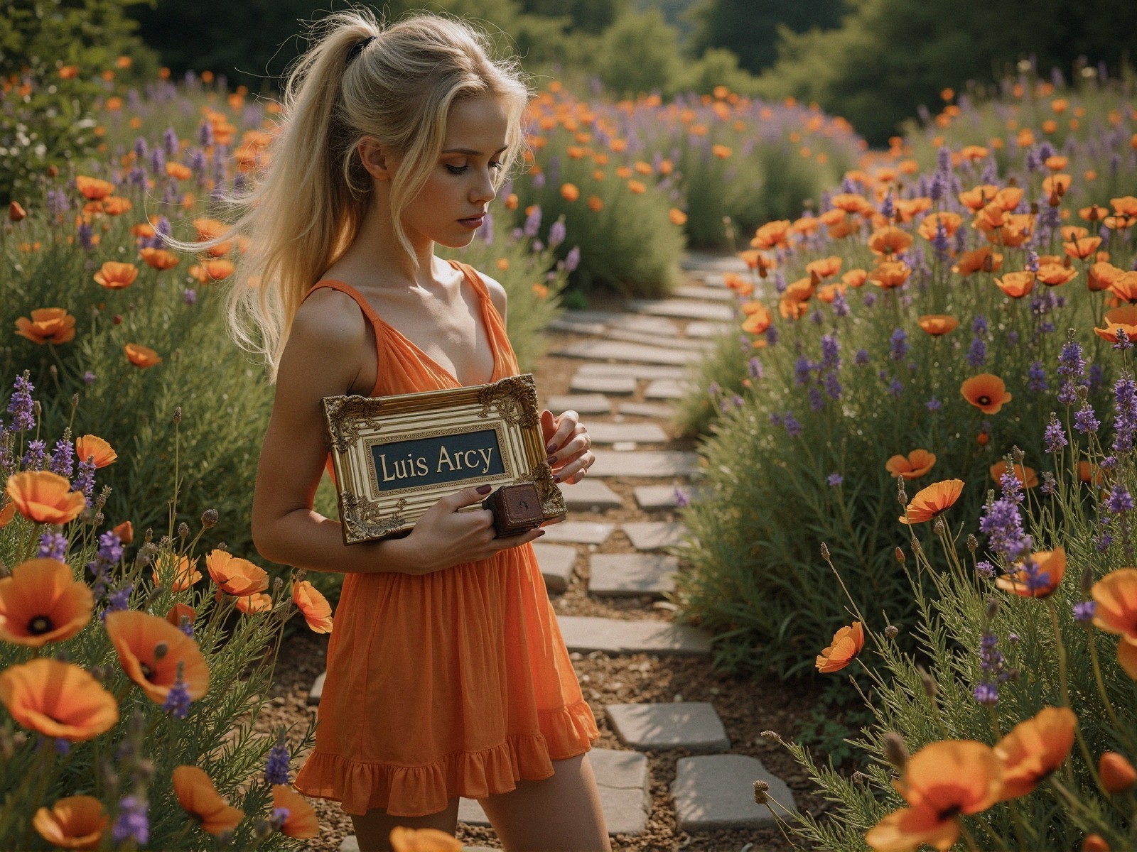 Young Woman in Flower Field with Orange Poppies