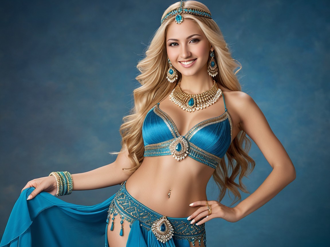 Woman in Blue Belly Dance Attire with Jewelry