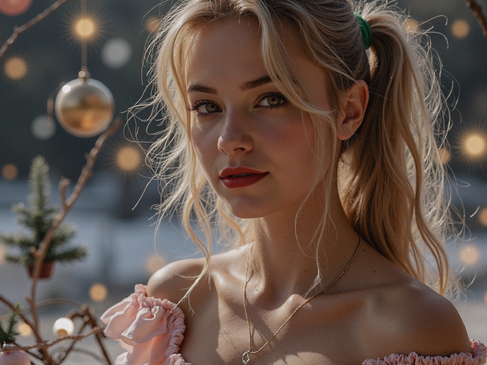 Young woman in pink top with glowing festive backdrop