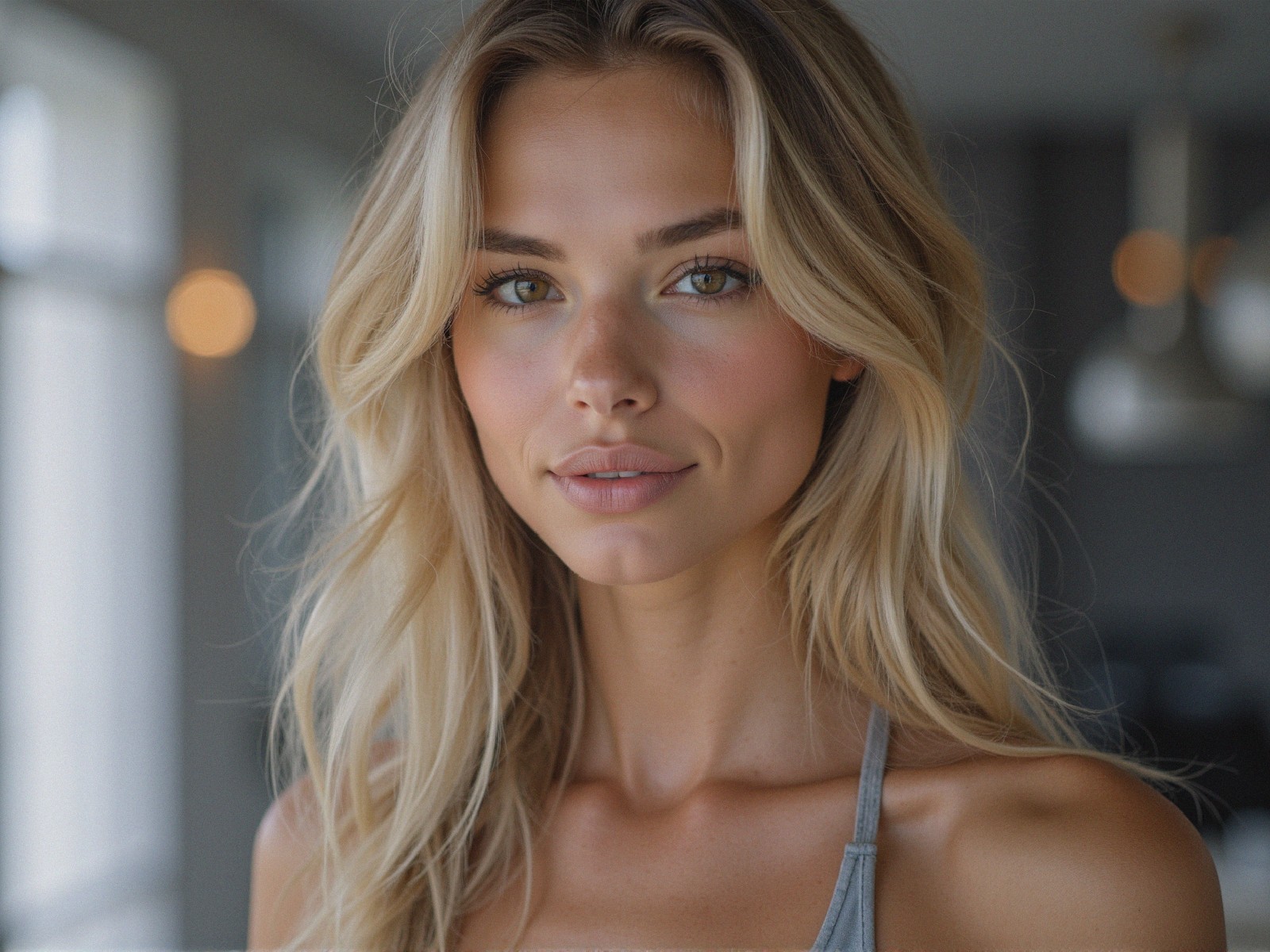 Young Woman with Blonde Hair in Softly Lit Room