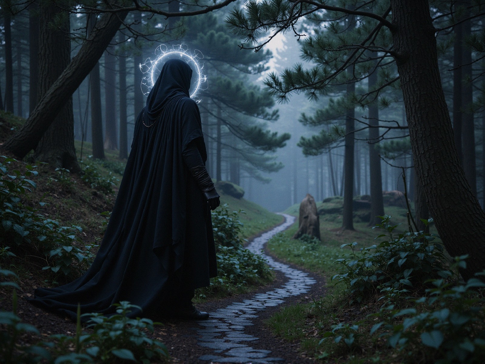 Cloaked Figure in a Misty Forest with Ethereal Light