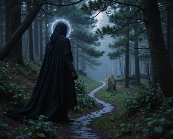 Cloaked Figure in a Misty Forest with Ethereal Light