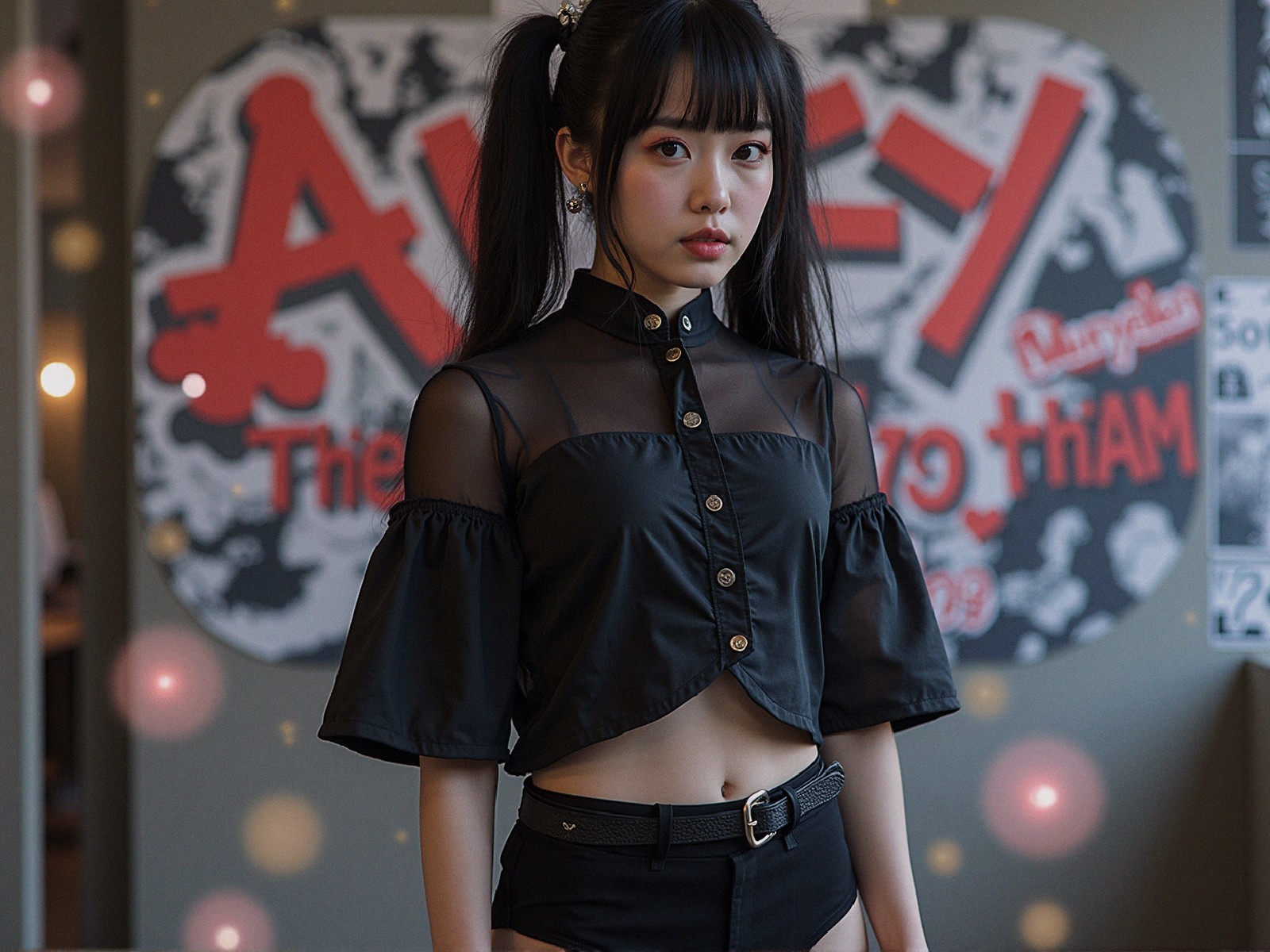 Young woman in stylish black outfit with vibrant mural