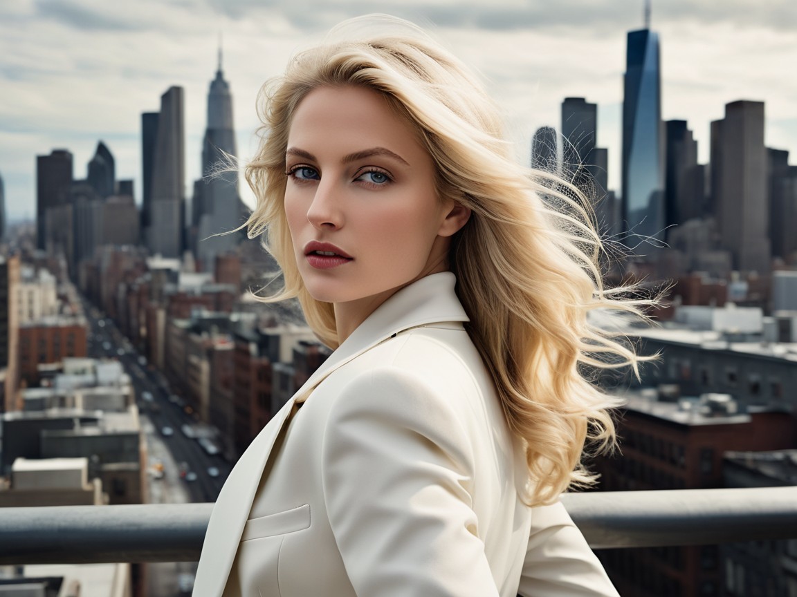 Confident Woman in Blazer Against Urban Skyline