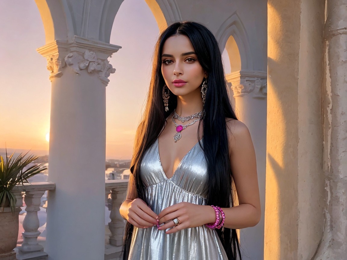 Elegant woman in silver dress at sunset backdrop