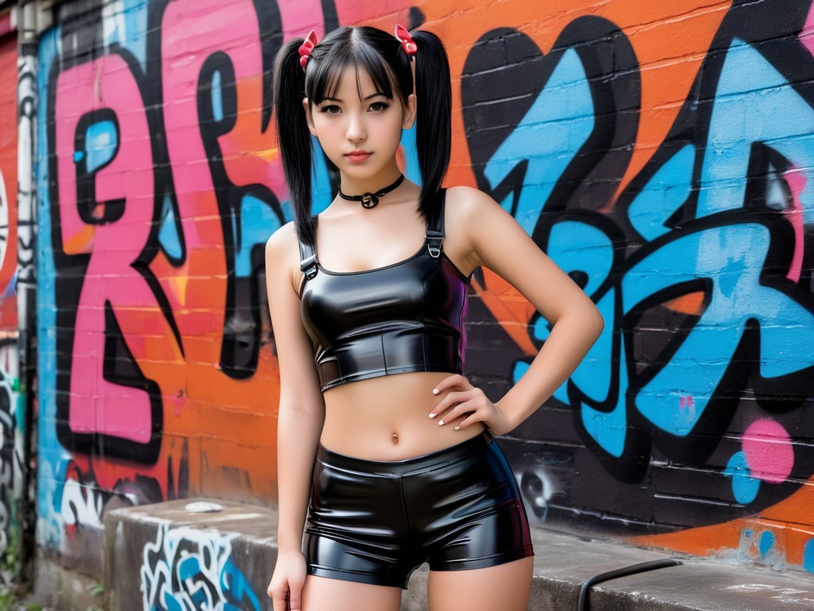Young woman in black latex with vibrant street mural