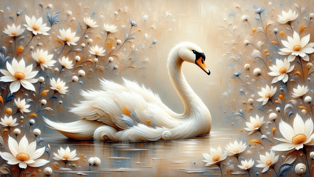 Swan Gliding on Calm Water Surrounded by Lotus Flowers