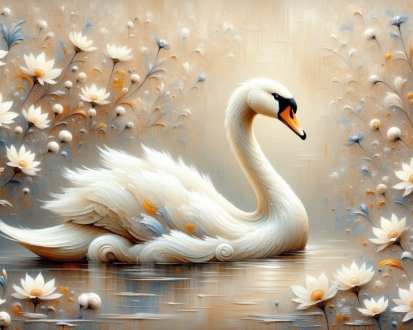 Swan Gliding on Calm Water Surrounded by Lotus Flowers