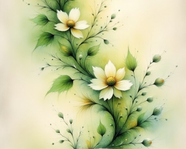 Delicate Floral Design with Green Leaves and White Flowers