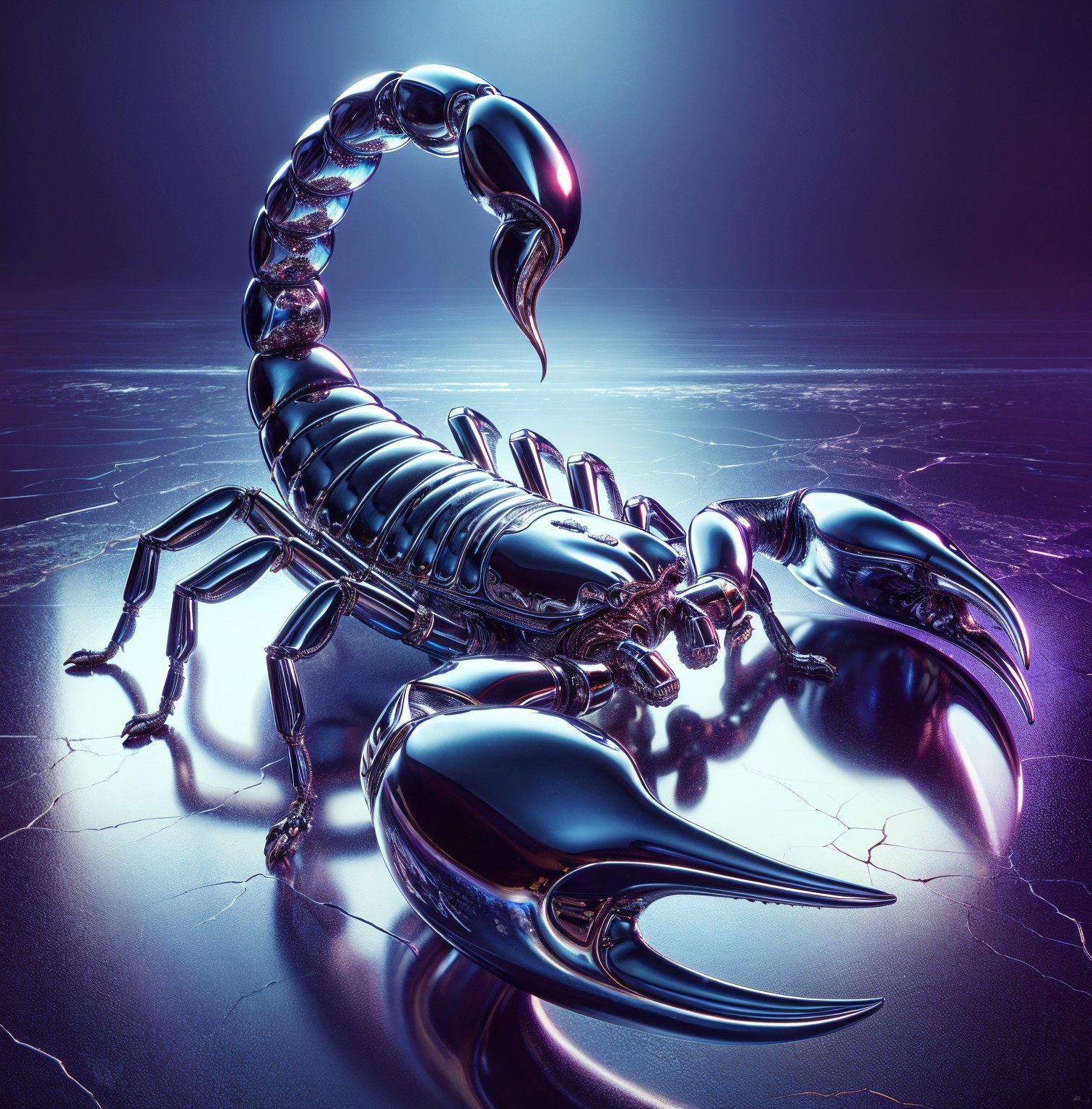 Futuristic Metallic Scorpion on Reflective Surface