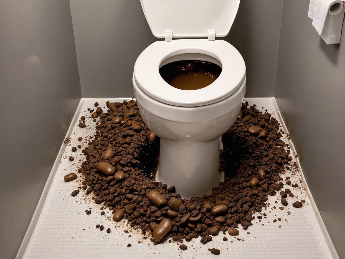 Messy Bathroom with Toilet Surrounded by Dirt Pile