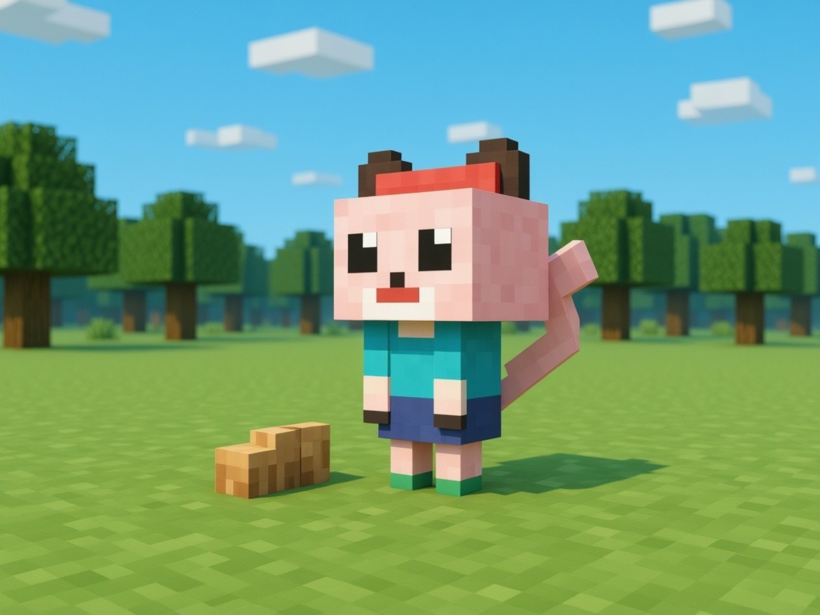 Pixelated Cat Character in Whimsical Landscape