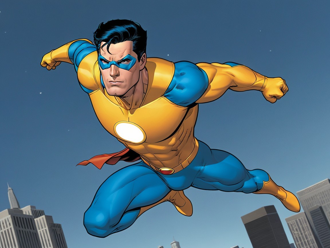 Superhero in Bright Costume Soaring Over Cityscape