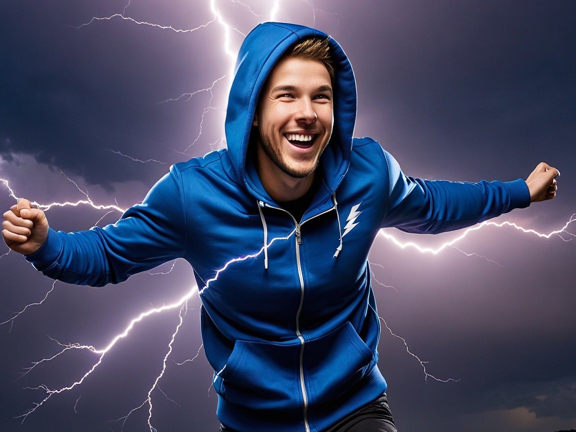 Young man in blue hoodie poses with stormy backdrop