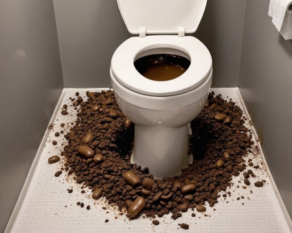 Messy Bathroom with Toilet Surrounded by Dirt Pile