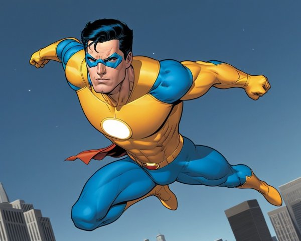 Superhero in Bright Costume Soaring Over Cityscape